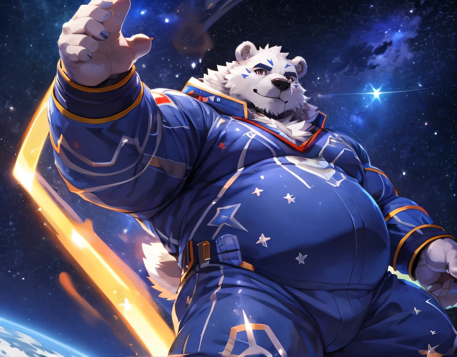 masterpiece,high quality,anime,detailed eyes,furry male White bear, Great physique,strong arms manly, Floating in space, Asteroids, Star Pajama suit, (Night), Shimmering Stars, Joyful, by null-ghost,by pino daeni hot body hot belly