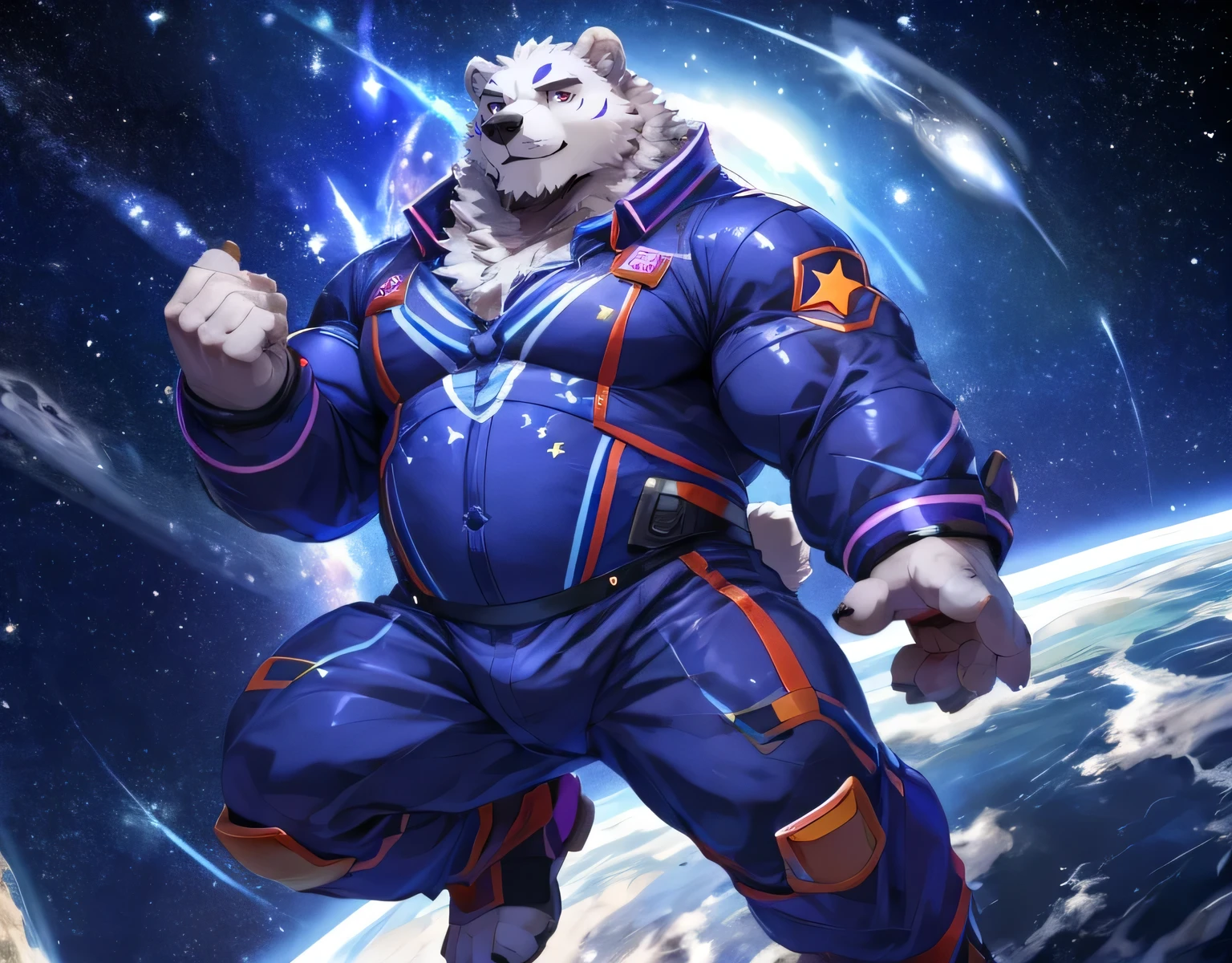 masterpiece,high quality,anime,detailed eyes,furry male White bear, Great physique,strong arms manly, Floating in space, Asteroids, Star Pajama suit, (Night), Shimmering Stars, Joyful, by null-ghost,by pino daeni hot body hot belly