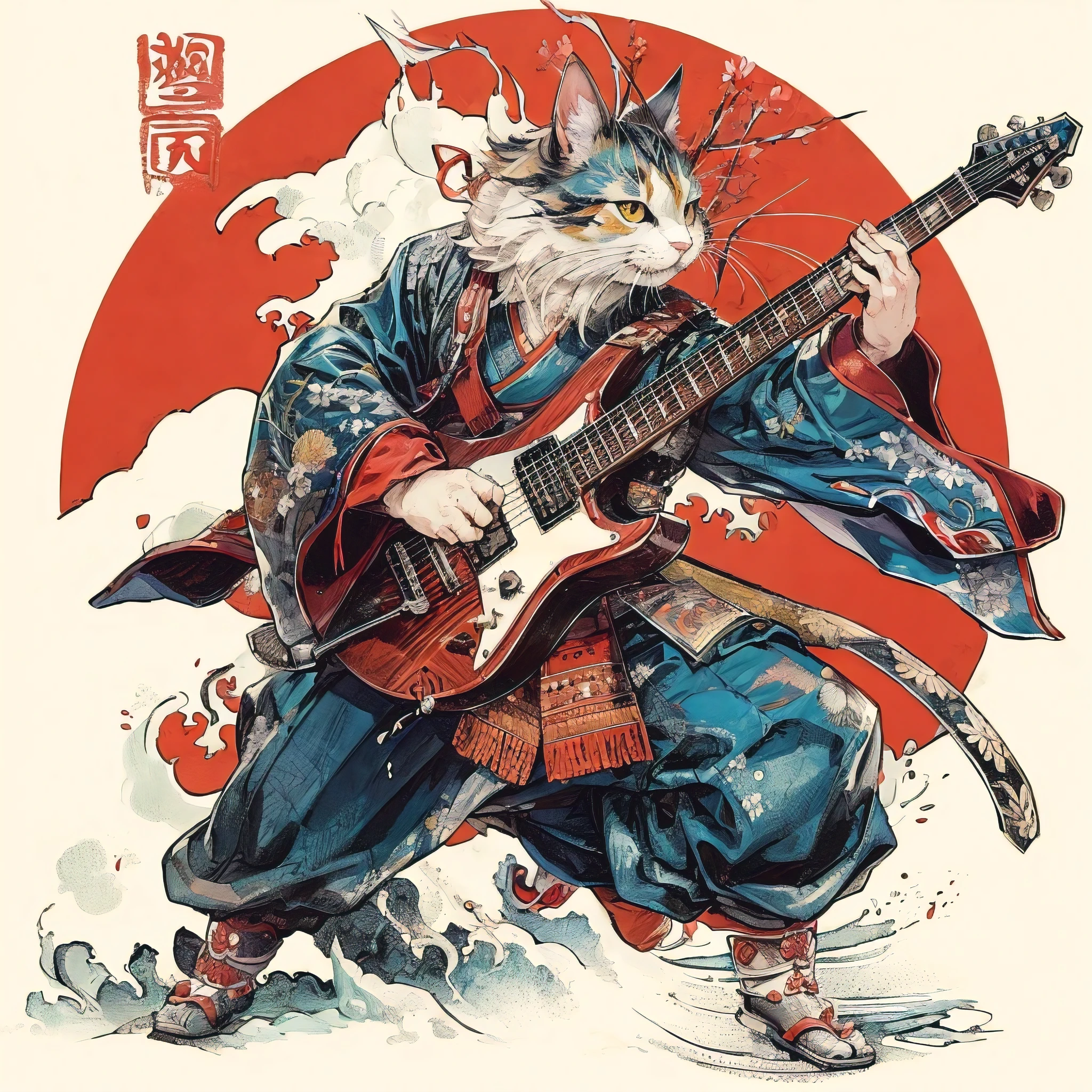 An exquisitely rendered vintage Japanese illustration of a samurai cat rocking out on an electric guitar. The cat is adorned with a small samurai helmet and an intricately designed harness. Its eyes are filled with the spirit of rock 'n' roll, and its fur is a blend of red and yellow tones. The background showcases traditional Japanese elements, such as cherry blossoms and pagodas. The illustration has been carefully crafted as a clean and clear clipart design, ideal for use as a high-quality sticker.