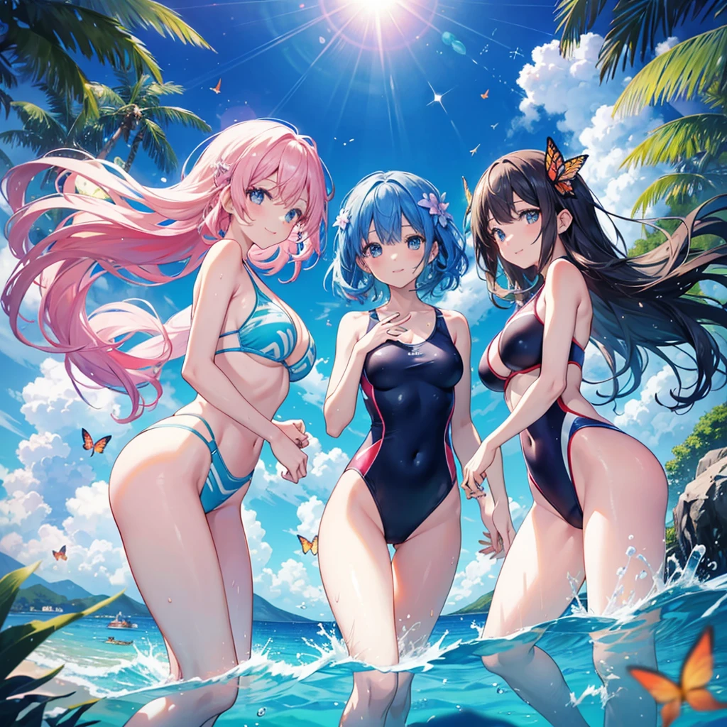 anime、Vibrant colors、In the water、Uplifting、Three beautiful girls swimming in the ocean at 100km per hour、Bright swimsuit、Bright eyes、Sparkling eyes、Large Breasts、An innocent smile、100 vibrant tropical fish、1000 glittering particles、100 butterflies swimming in the water