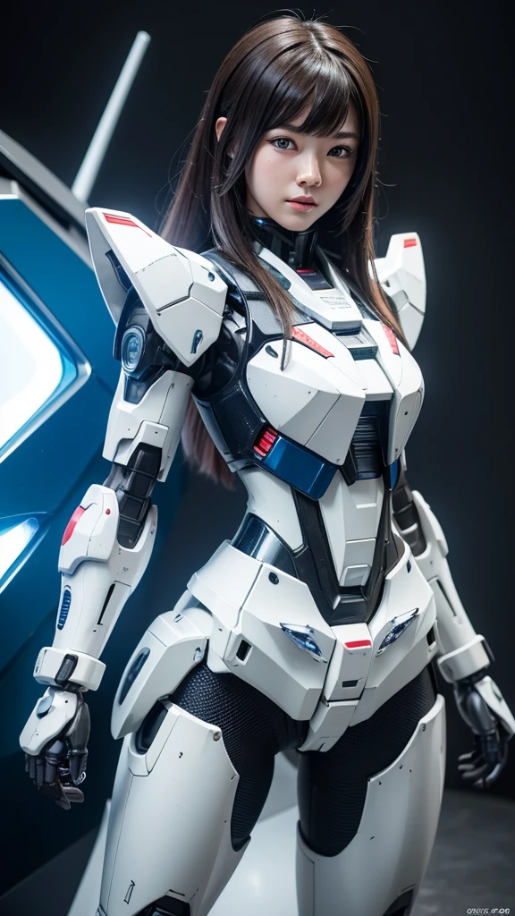 Textured skin, Super Detail, high details, High quality, Best Quality, hight resolution, 1080p, hard disk, Beautiful,(Gundam),beautiful cyborg woman,Mecha Cyborg Girl,Battle Mode,Girl with a Mecha Body,She wears a futuristic Gundam mecha,Fulll body Shot,Mobile Suit Girl