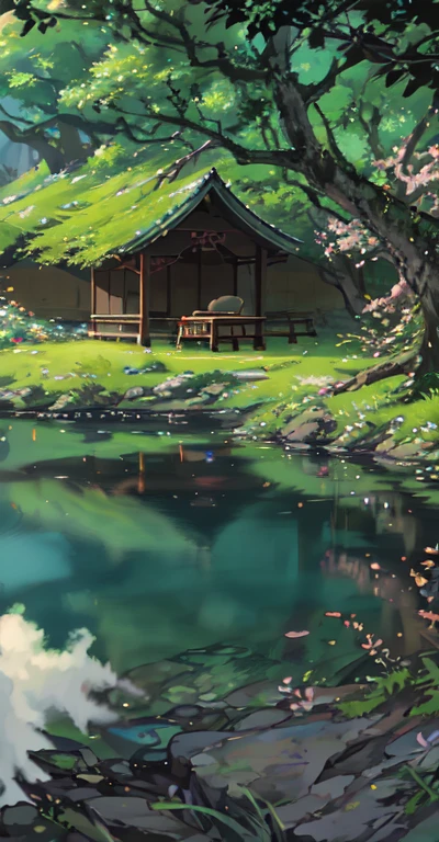 ancient china, spring, forest, lagoon, caves, waterfall, tree, meadow, rock, deer, hot spring, steam, (illustration: 1.0), grand element, realistic light, HD details, Masterpiece, best quality, (A collection of 8k CG wallpapers that are very detailed.) Anime style, young woman wearing a beautiful green hanfu costume.