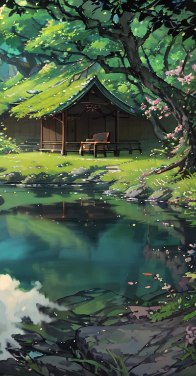 ancient china, spring, forest, lagoon, caves, waterfall, tree, meadow, rock, deer, hot spring, steam, (illustration: 1.0), grand element, realistic light, HD details, Masterpiece, best quality, (A collection of 8k CG wallpapers that are very detailed.) Anime style, young woman wearing a beautiful green hanfu costume.