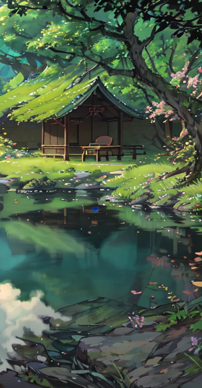 ancient china, spring, forest, lagoon, caves, waterfall, tree, meadow, rock, deer, hot spring, steam, (illustration: 1.0), grand element, realistic light, HD details, Masterpiece, best quality, (A collection of 8k CG wallpapers that are very detailed.) Anime style, young woman wearing a beautiful green hanfu costume.