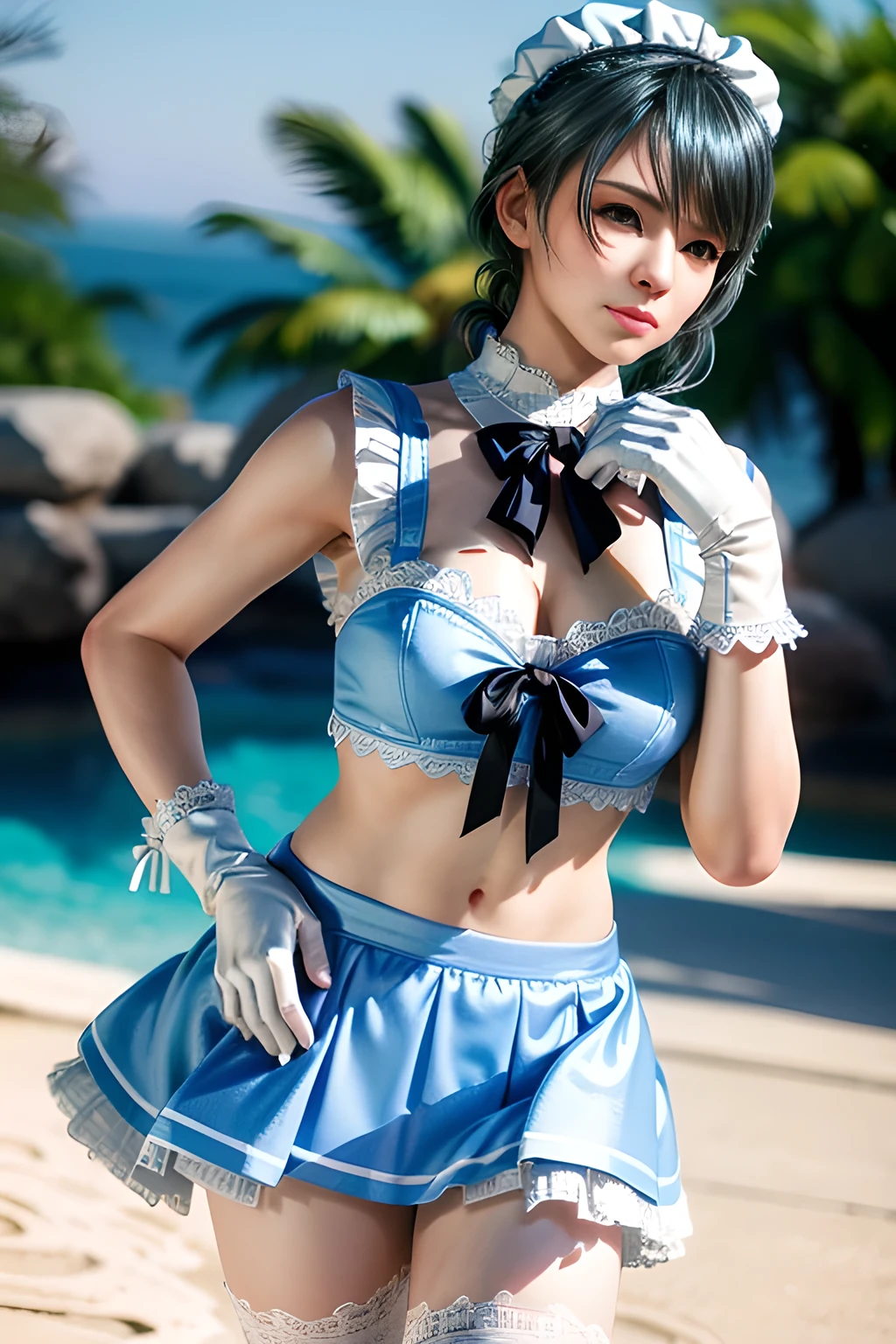 1girl, BREAK (white and black theme:1.4), (fusion of (sleeveless white high neck and collared [crop top]) and (black puff sleeves):1.4), (white tops and black short sleeves:1.2), (wearing a white half apron over a black skirt:1.4), (waist cincher:1.3), (white half apron), ((white maid head-band with ruffles on head, white brim on head):1.3), (white thigh high stockings:1.4), ((white arm warmers, white long glove):1.3), BREAK (light-blue theme:1.2), (light-blue lines on skirt:1.3), (light-blue ribbon bow:1.3),  , appealing cleavage,( beautiful tattoo:1.2), overhead view, beautiful detailed eyes, beautiful detailed lips, extremely detailed eyes and face, long eyelashes, feminine charm, detailed texture, snug fit, fashionable, soft fabric, radiant skin, (best quality,4k,8k,highres,masterpiece:1.2), ultra-detailed, (realistic,photorealistic,photo-realistic:1.37), tamaki