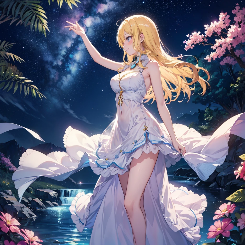anime、Vibrant colors、beautiful girl、17 years old、Blonde、Long Hair、Large Breasts、Bright eyes、Sparkling eyes、A cheerful smile、Gazing into the distance、profile、dancing、Clear water flows like a waterfall、Fantastic World、night、Starry Sky、Beautiful dress