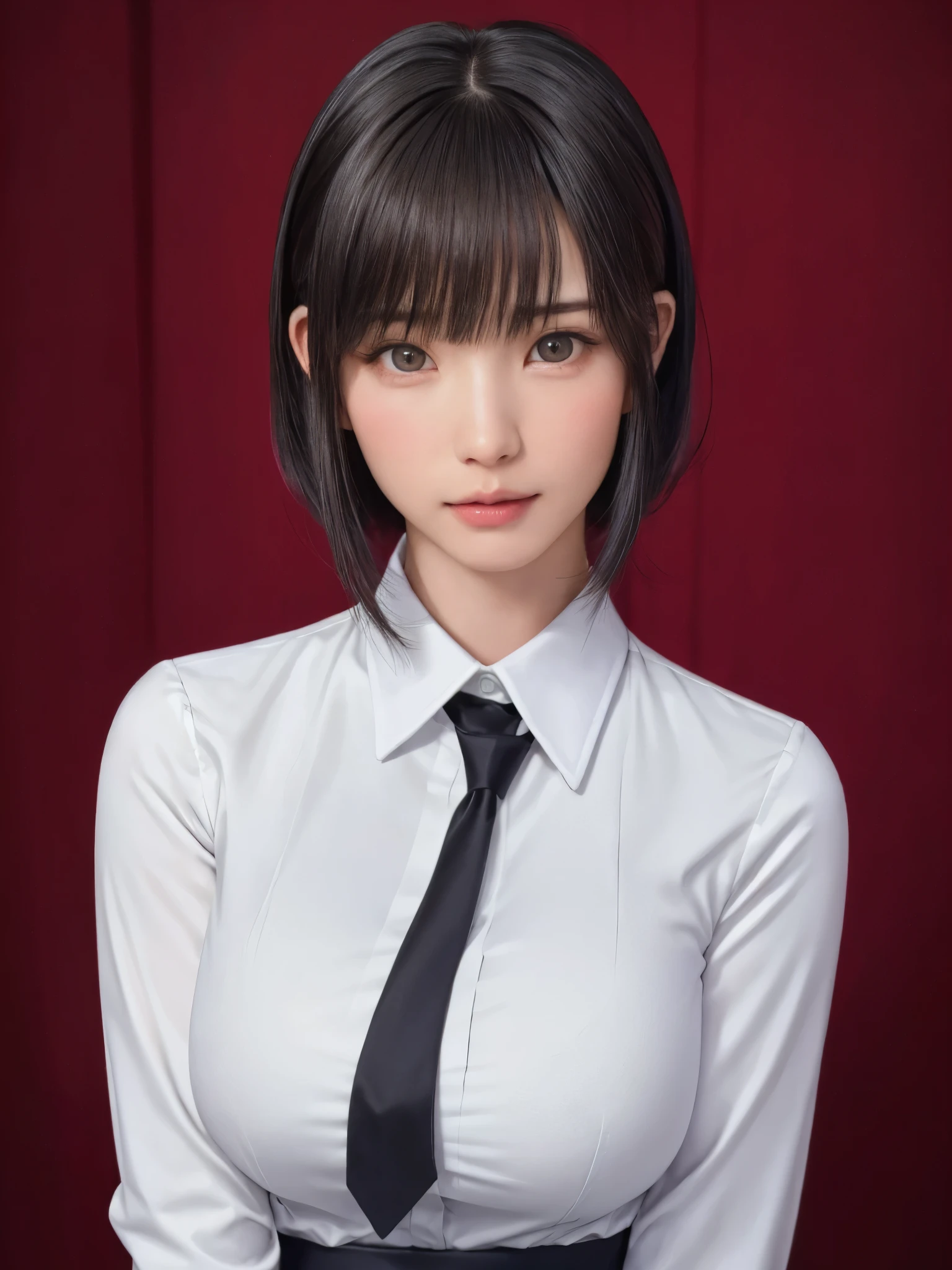 (masterpiece:1.3), (Realistic, RAW Photos, highest quality: 1.4), (One Girl), Beautiful Face, (超Realistic Face、シンメトリーのBeautiful Face), (Short black hair, short hair:1.6、bangs:1.3、Show off your beautiful ears), Beautiful hairstyle, (Realistic eyes), Beautiful details, Long eyelashes, (Realistic Skin), Beautiful Skin, [Big Breasts:1.3], {gigantic|big|huge|mega} breasts, (Perfect body:1.3), (Detailed body:1.2), (tie), (Collared shirt, Pleated skirt:1.3), Absurd, charm, Ultra-high resolution, Ultra-realistic, Very detailed, Golden Ratio,Very cute beautiful woman、28 years old