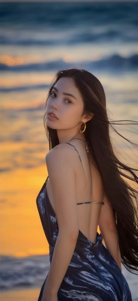Ocean、Tip of the cape、cliff、Strong windedium-long hair、Hair tossed by the wind、woman、sexy、Complete style、Full beautiful face、Highest quality、sexyなドレスワンピース、One piece fluttering in the wind、Serious look、Standing posture、look back、eye shadow、Full brows、Earrings、Beautiful necklace、summer、evening、Beautiful sunset、Skin radiance