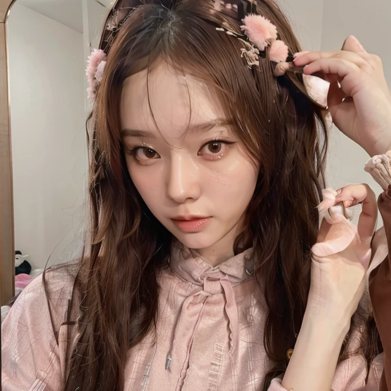 Asian woman with long brown hair and bangs on her forehead taking a photo in the mirror with a light pink iPhone and a long Russian ushanka on her head