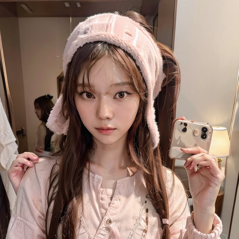 Asian woman with long brown hair and bangs on her forehead taking a photo in the mirror with a light pink iPhone and a long Russian ushanka on her head