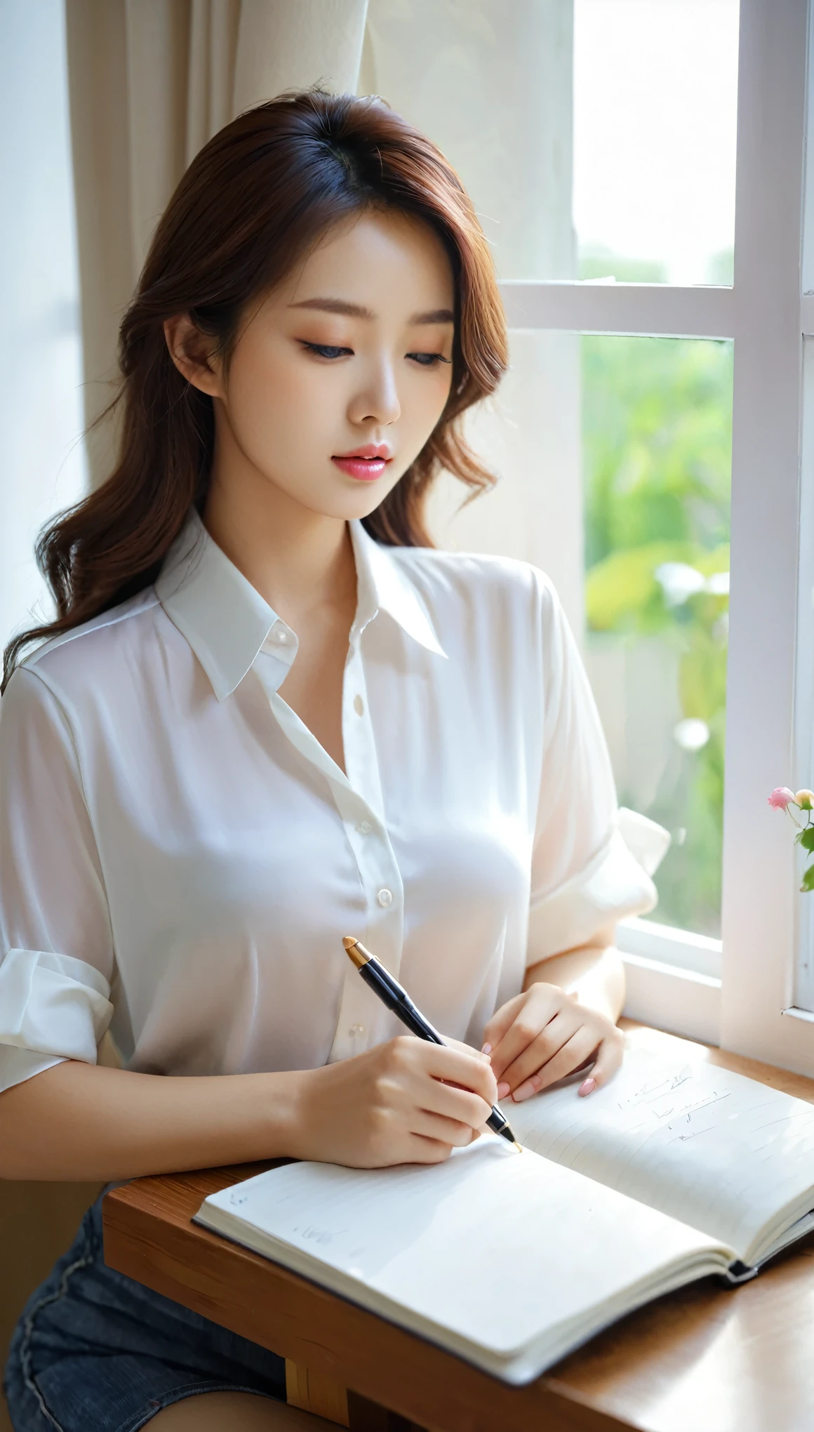 close-up of beautiful korean female, 34 inches breasts size, wearing, rolled sleeves silk shirt, writing diary, in the room, near the window, UHD