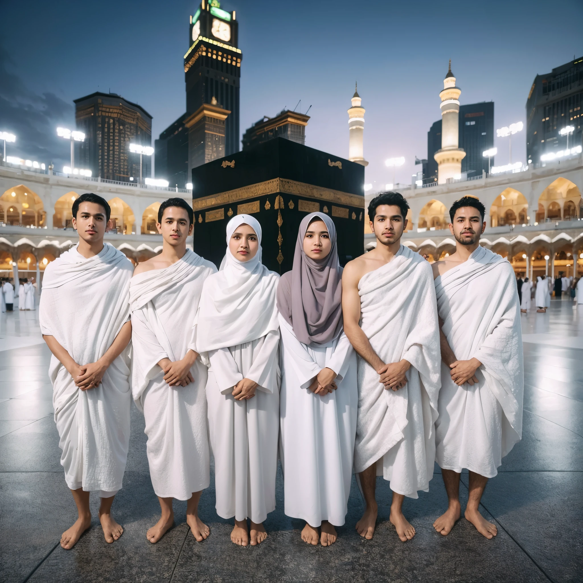 Photo of the entire body of four Muslim men (clean faces) and two Muslim women from Indonesia "30 years old, wearing ihram clothes, barefoot, with a faint smile", soft natural lighting, --ar 23:32 --natural style, with the Kaaba in the distance, ultra-wide shot, the sunset sky looks very stunning, photo facing forward, ultra-realistic, UHD, 16K