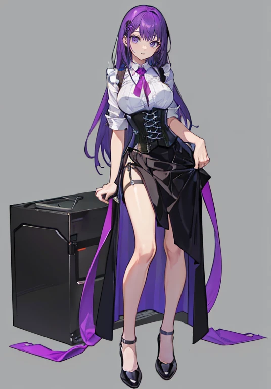 Purple hair,Long hair,Adult female,Bartender,((Body harness)),((Rolling up your sleeves shirt)),(Corset),(skirt),(slit),High heels,((Simple background)),Smile,((Full body)),((whole body)),Character Sheet,