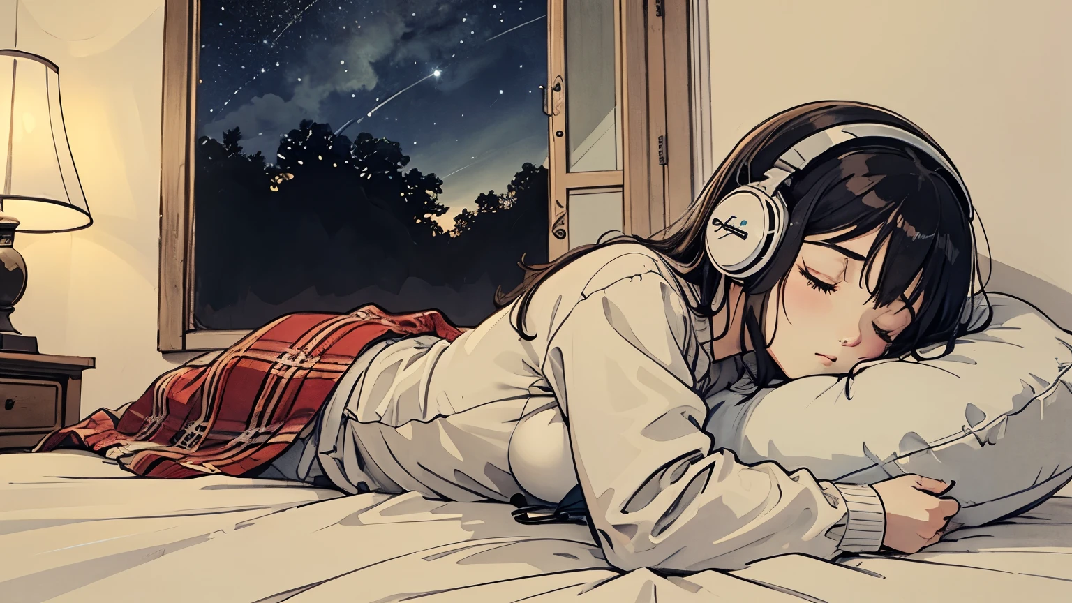 Dark Room、1 girl, whole body、90s anime style, night, star, 深nightの寝室、うすDark Room、room detail、indirect lighting、Sleeping girl with headphones on, late night , Listening to music alone,Black Cat City Pop, high quality, Pull angle of view、Sleeping under a blanket、It's in the quilt、 Half-read book、Books placed messily、綺麗なnight景、Lo-Fi, Chill, late night,都会のnight景、Girl sleeping in bed、Foliage plant、night