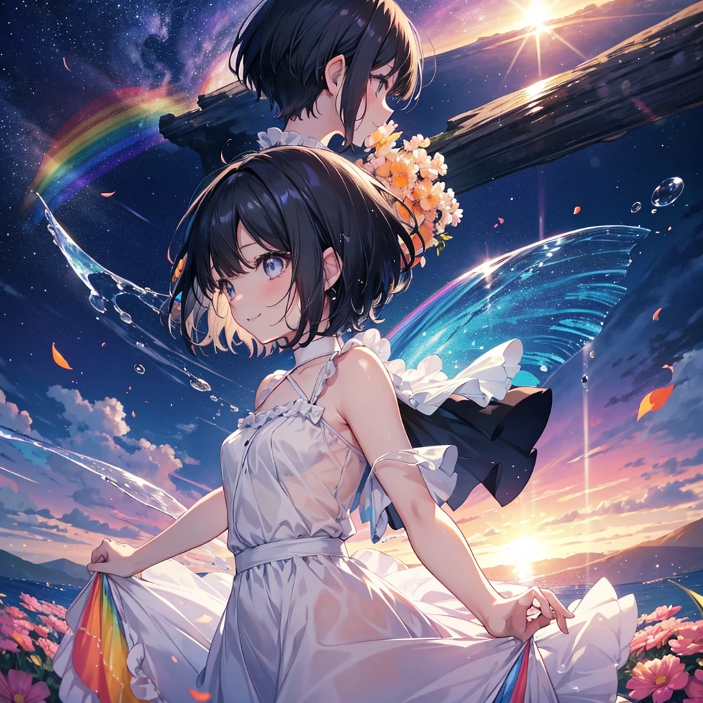 anime、beautiful girl、10 talents、Black Hair、A face that retains its youthfulness、short hair、Her hair is cut short, just short of her shoulders、Bright eyes、Sparkling eyes、A cheerful smile、Gazing into the distance、profile、dancing、Clothes：Bright dress、Clear water flows like a waterfall、sunrise、rainbow、Fantastic World