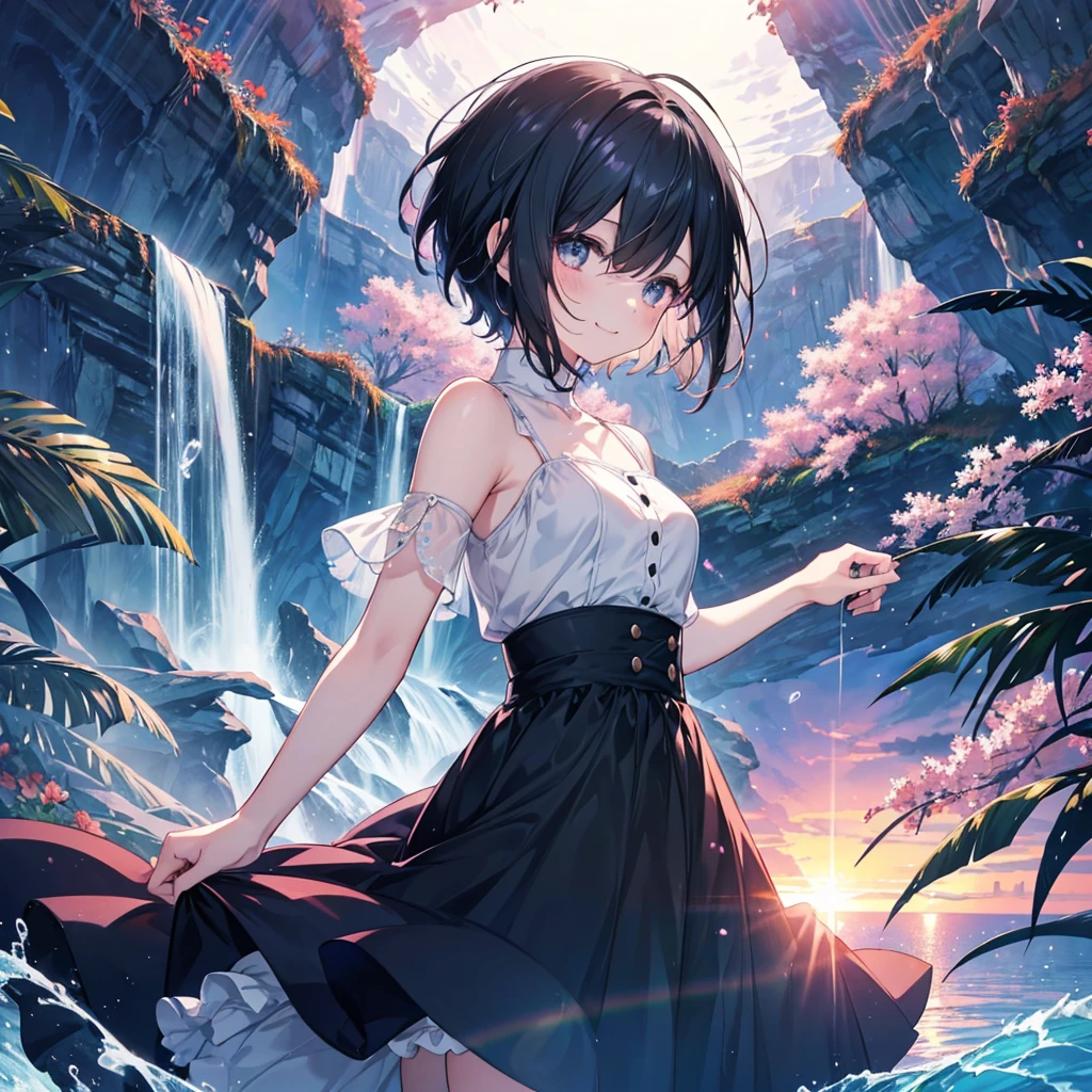 anime、beautiful girl、10 talents、Black Hair、A face that retains its youthfulness、short hair、Her hair is cut short, just short of her shoulders、Bright eyes、Sparkling eyes、A cheerful smile、Gazing into the distance、profile、dancing、Clothes：Bright dress、Clear water flows like a waterfall、sunrise、rainbow、Fantastic World