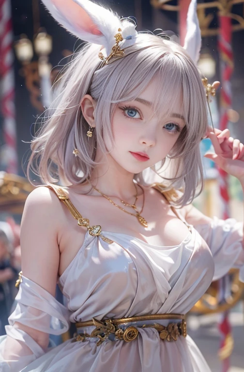 18-year-old, Wide-angle lens, Woman in ancient Greek costume、Woman enjoying merry-go-round at night,Shoulder out、thin、Serious expression、Short-haired、Deadly position, Gorgeous Necklace, Light milky porcelain skin, Smooth, Translucent white skin, Enchanting anime girl, Beautiful and seductive anime woman, Super realistic sweet bunny ears girl, Pale porcelain white skin, Smooth, Realistic and perfect body, Anime Girl Cosplay, Perfect body with realistic shadows, Switzerland&#39;masterpiece, There is a real white rabbit. Red eyes and blue eyes 