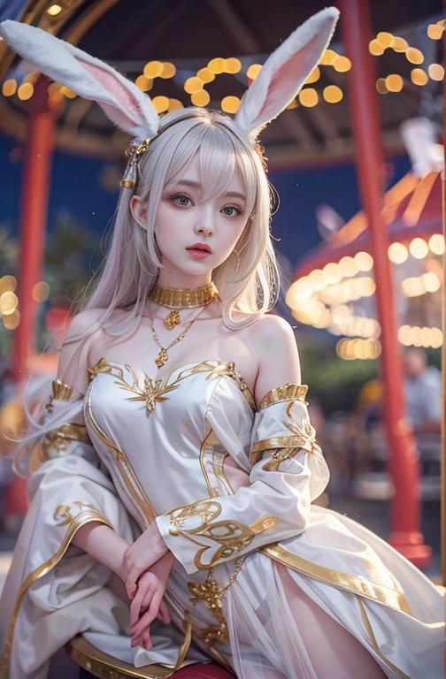 18-year-old, Wide-angle lens, Woman in ancient Greek costume、Woman enjoying merry-go-round at night,Shoulder out、thin、Serious expression、Short-haired、Deadly position, Gorgeous Necklace, Light milky porcelain skin, Smooth, Translucent white skin, Enchanting anime girl, Beautiful and seductive anime woman, Super realistic sweet bunny ears girl, Pale porcelain white skin, Smooth, Realistic and perfect body, Anime Girl Cosplay, Perfect body with realistic shadows, Switzerland'masterpiece, There is a real white rabbit. Red eyes and blue eyes