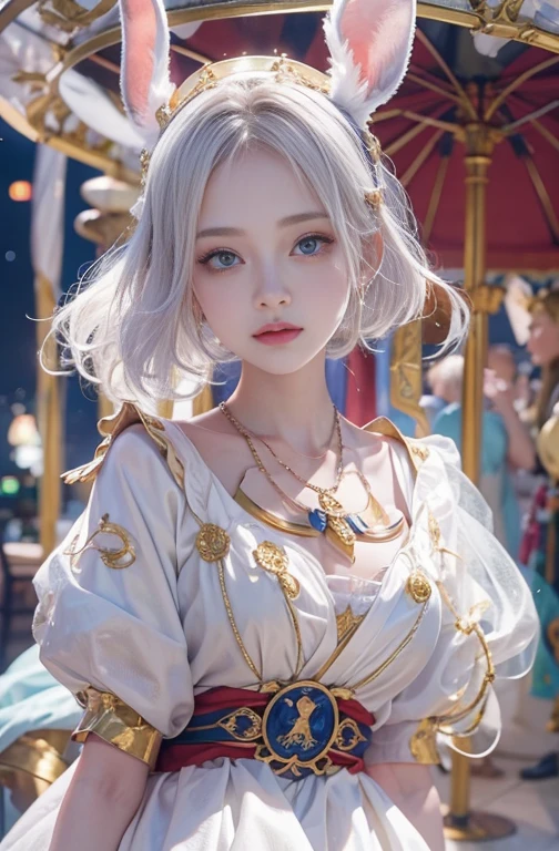 18-year-old, Wide-angle lens, Woman in ancient Greek costume、Woman enjoying merry-go-round at night,Shoulder out、thin、Serious expression、Short-haired、Deadly position, Gorgeous Necklace, Light milky porcelain skin, Smooth, Translucent white skin, Enchanting anime girl, Beautiful and seductive anime woman, Super realistic sweet bunny ears girl, Pale porcelain white skin, Smooth, Realistic and perfect body, Anime Girl Cosplay, Perfect body with realistic shadows, Switzerland&#39;masterpiece, There is a real white rabbit. Red eyes and blue eyes 