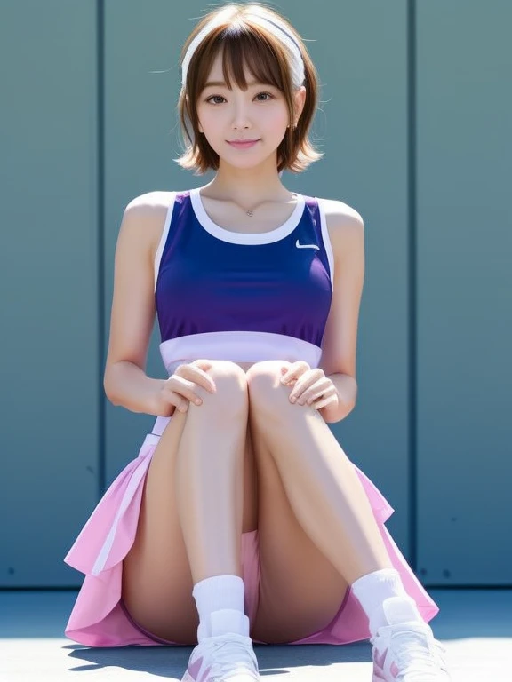 (((Small))),Side Shot,masterpiece, highest quality, High resolution, wallpaper, Realistic, Bright lighting, Professional Lighting, Face Light, Smooth lighting, Japanese Girls, ((Whole body 1.4)),Are standing, cute, smile, beautiful girl, gravure, sexy, so beautiful, Beautiful Skin, Beautiful and detailed、Detailed face、slim、Moderate, short hair, Blonde Hair, Brown Eyes, View your viewers,Tennis player costume,mini skirt,sit,(knee up:1.3),Pink Panties,Panty Shot,Small,Bare legs,