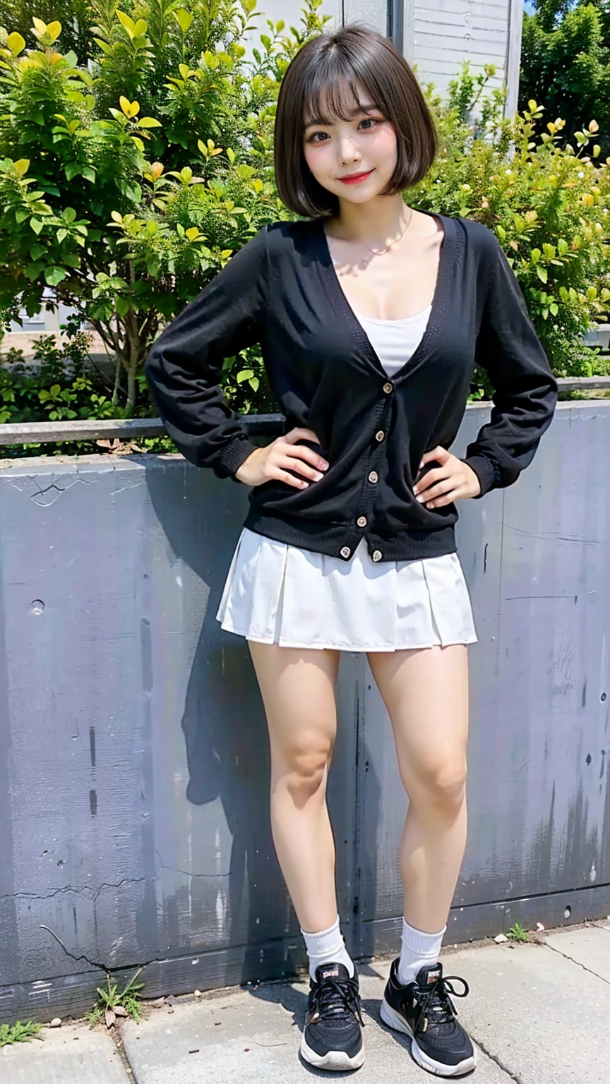 (8k、RAW Photos、highest quality、masterpiece:1.2)、(Realistic、Realistic)、1 girl、((Black cardigan、mini skirt、Big Breasts、View from the front、garden、smile、whole body、sneakers、Short Hair、Standing with hands on hips))、Lots of eyelashes、Glowing eyelids、skeletally correct