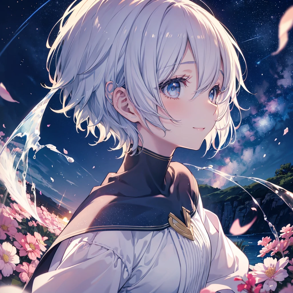 anime、beautiful girl、10 talents、A face that retains its youthfulness、short hair、Her hair is cut short, just short of her shoulders、Bright eyes、Sparkling eyes、A cheerful smile、Gazing into the distance、profile、dancing、Clear water flows like a waterfall、Fantastic World、night、Starry Sky
