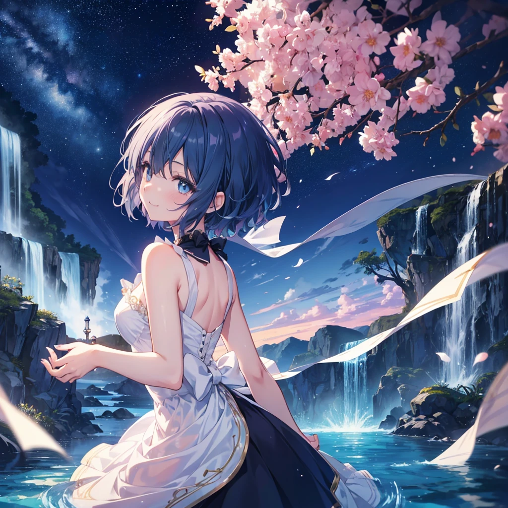 anime、beautiful girl、10 talents、A face that retains its youthfulness、short hair、Her hair is cut short, just short of her shoulders、Bright eyes、Sparkling eyes、A cheerful smile、Gazing into the distance、profile、dancing、Clear water flows like a waterfall、Fantastic World、night、Starry Sky

