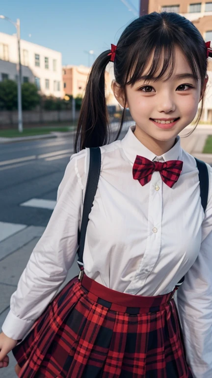  girl.................,, in front of the school、Connect to skirt with suspenders、White shirt with long sleeves、Plaid skirt , nice and cute, Innocent smile, , Lovely smile 、 with short bob、Pose cutely , 8 year old , bts , red knot , red bow , twin tails hair , waistband of skirt is at the point above chest