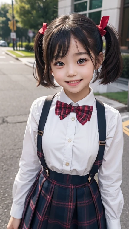 little young girl.................,, in front of the school、Connect to skirt with suspenders、White shirt with long sleeves、Plaid skirt , nice and cute, Innocent smile, , Lovely smile 、 with short bob、Pose cutely , 8 year old , big breasts , red knot , red bow , twin tails hair , waistband of skirt is at the point above chest
