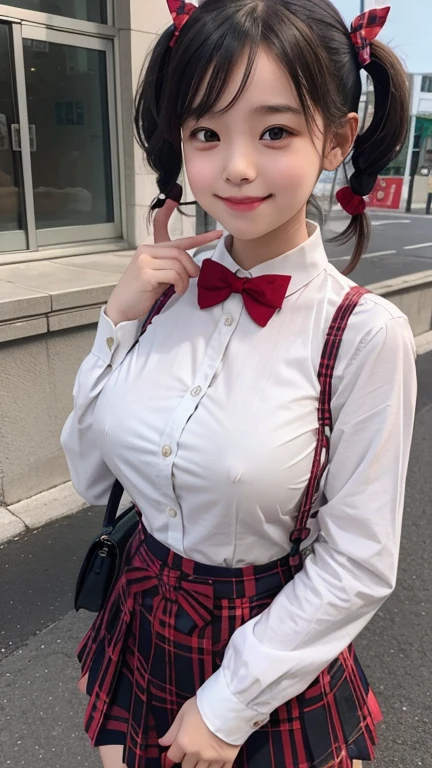 little young girl.................,, in front of the school、Connect to skirt with suspenders、White shirt with long sleeves、Plaid skirt , nice and cute, Innocent smile, , Lovely smile 、 with short bob、Pose cutely , 8 year old , big breasts , red knot , red bow , twin tails hair , waistband of skirt is at the point above chest
