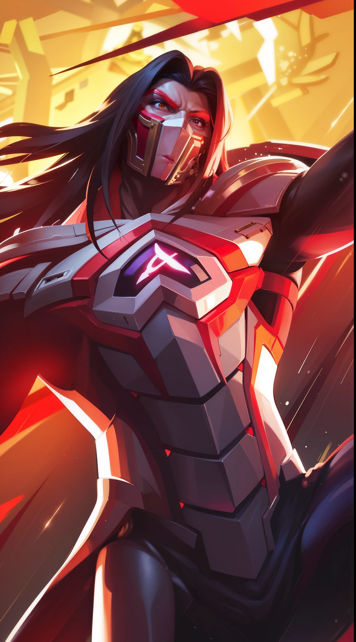 (Intricate Details, Masterpiece, Best Quality, High Resolution, 8k), (1man), (male:1.2), detailed eyes, toned body, masculine appeal, commanding presence, bulging biceps and triceps, well-developed quadriceps and hamstrings, light skin,  portrait, solo, half shot, detailed background, detailed face,finely detailed background, Depth of Field, VFX, red eyes