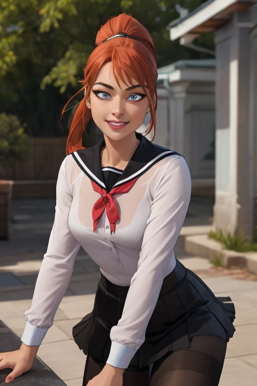 (best quality,4k,highres,masterpiece:1.2),1girl,beautiful detailed eyes,beautiful detailed lips,long eyelashes,high ponytail,black pantyhose,wearing tutu,sailor collar,black serafuku,black miniskirt,long sleeves,see-through shirt,soft lighting,natural surroundings,slight breeze,graceful pose,subtle smile,vivid colors,sharp focus,portraits, orange hair, crystal blue eyes
