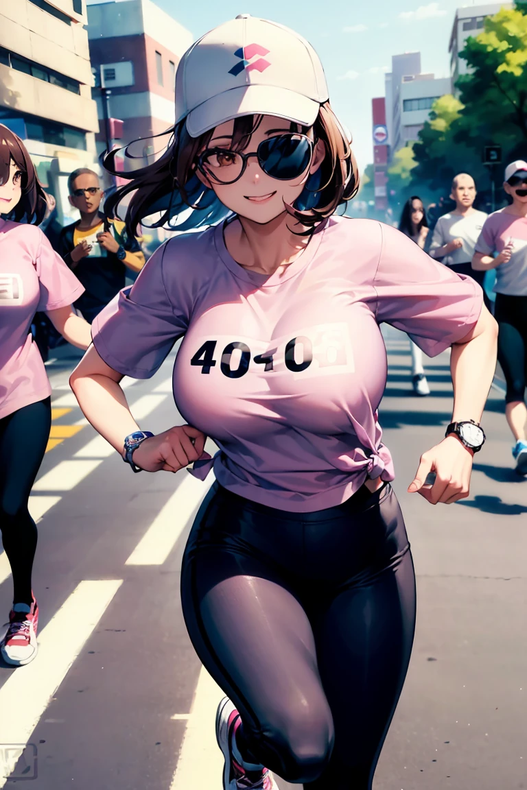 (high resolution, Best Quality:1.2), (40yo:1.8), smile, looking straight, (pigeon toed:1),Anime style illustration of a milf running on an urban street with a large crowd of spectators. The girl has gigantic breast, brown hair in hair over one eye, brown eyes, and is wearing a pink ribbon. Her makeup is natural. She's dressed in a sporty pink and white top featuring a team logo, black pants, white and pink running shoes. Accessories include a sports watch and sunglasses. The background is blurred to emphasize her motion, rendered in vibrant colors for a detailed depiction.