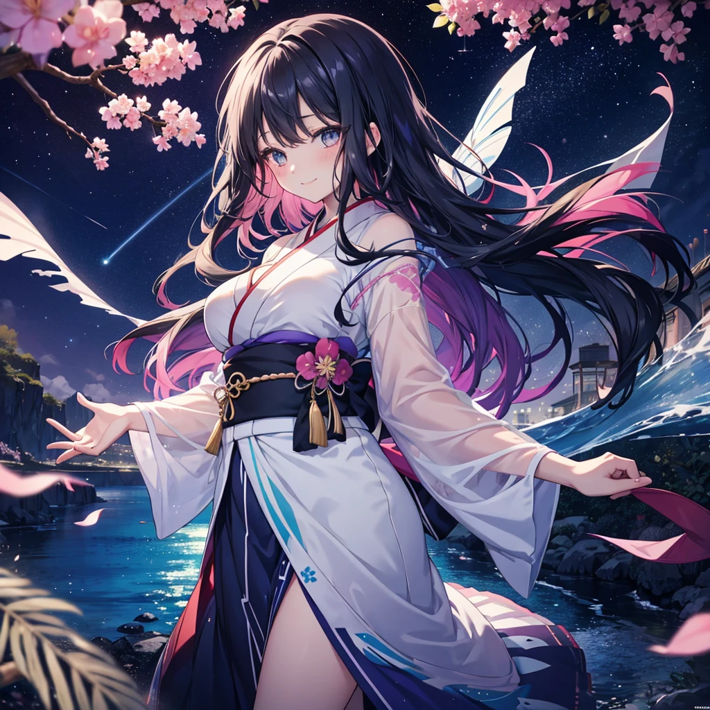 anime、Vibrant colors、beautiful girl、17 years old、Black Hair、Long Hair、Large Breasts、Bright eyes、Sparkling eyes、A cheerful smile、Gazing into the distance、profile、dancing、Clear water flows like a waterfall、Fantastic World、night、Starry Sky、kimono