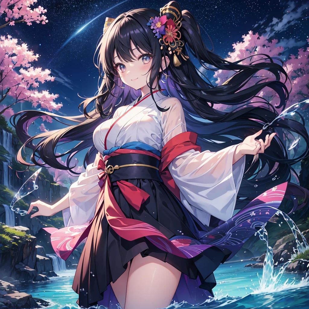 anime、Vibrant colors、beautiful girl、17 years old、Black Hair、Long Hair、Large Breasts、Bright eyes、Sparkling eyes、A cheerful smile、Gazing into the distance、profile、dancing、Clear water flows like a waterfall、Fantastic World、night、Starry Sky、kimono