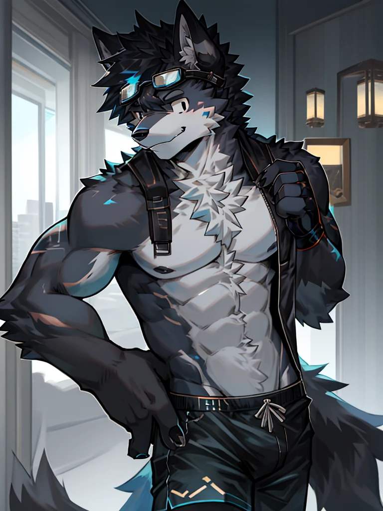 Black Wolf Boy,Gray fur,Topless, mammal, hairy,Black eyes,upscale hotel,Blue and black gradient swimming trunks quality,black fingerless gloves,goggles