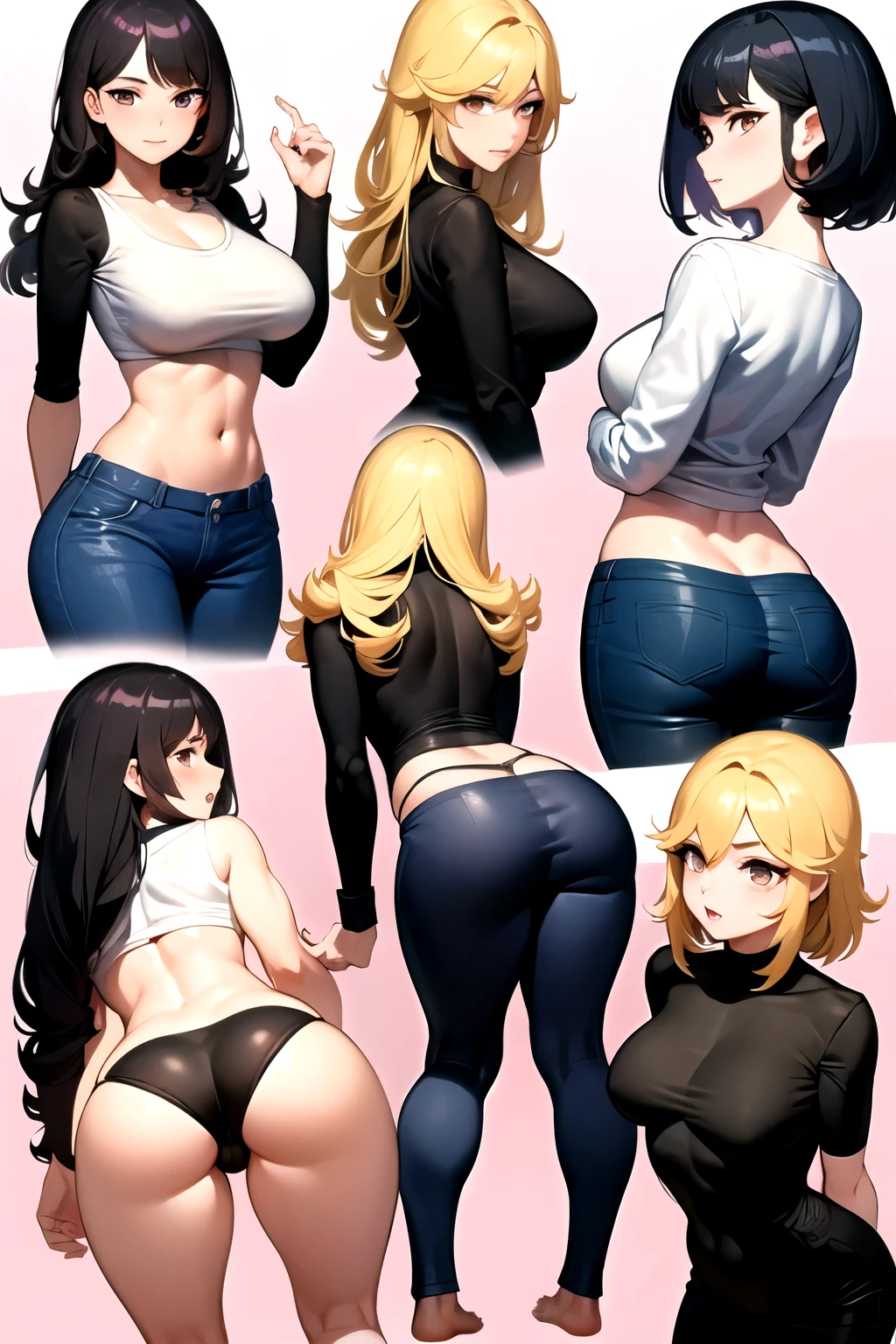 ((melhor qualidade)), ((obra de arte)), (detalhado), duas mulheres, olhando pro espectador, rosto perfeito, quadris largos e macios, focus on glutes, big, soft glutes, seios macios, seios lindos e marcados, back view, blusa banca, hidden hands, magra, shy, corada, em plano de fundo VAZIO, seios grandes, linda, duplo v, black pants, vergonha, perky glutes, cabelo loiro, olhar com vergonha, corada, sexy, sexy