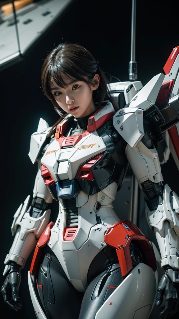 Textured skin, Super Detail, high details, High quality, Best Quality, hight resolution, 1080p, hard disk, Beautiful,(Gundam),beautiful cyborg woman,Mecha Cyborg Girl,Battle Mode,Girl with a Mecha Body,She wears a futuristic Gundam mecha,Fulll body Shot,Mobile Suit Girl