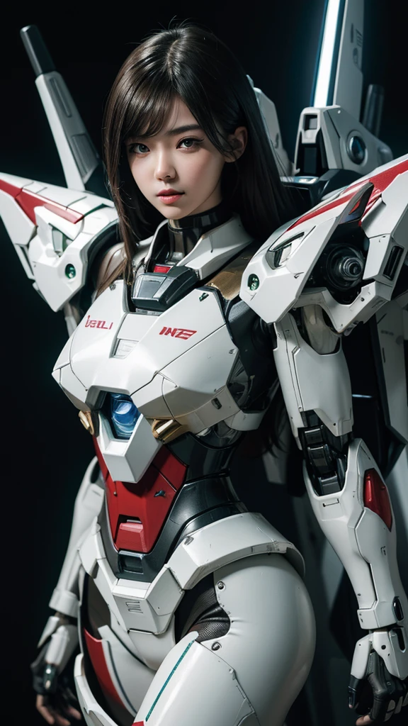 Textured skin, Super Detail, high details, High quality, Best Quality, hight resolution, 1080p, hard disk, Beautiful,(Gundam),beautiful cyborg woman,Mecha Cyborg Girl,Battle Mode,Girl with a Mecha Body,She wears a futuristic Gundam mecha,Fulll body Shot,Mobile Suit Girl
