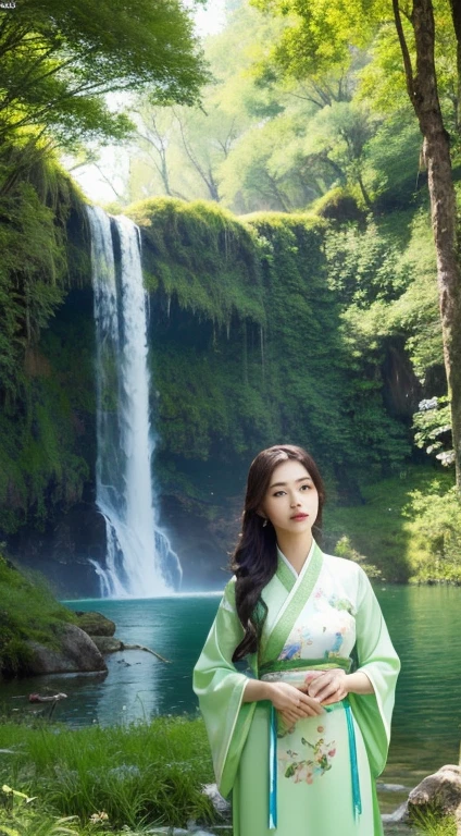 Chinese antiquity, spring, forest, lake, cave, waterfall, trees, grassland, rocks, deer, hot spring, steam, (illustration: 1.0), grand composition, realistic light, details Detailed HD, masterpiece, best quality, (8k CG wallpaper included, very detailed) Young woman wearing a light green Hanfu costume.