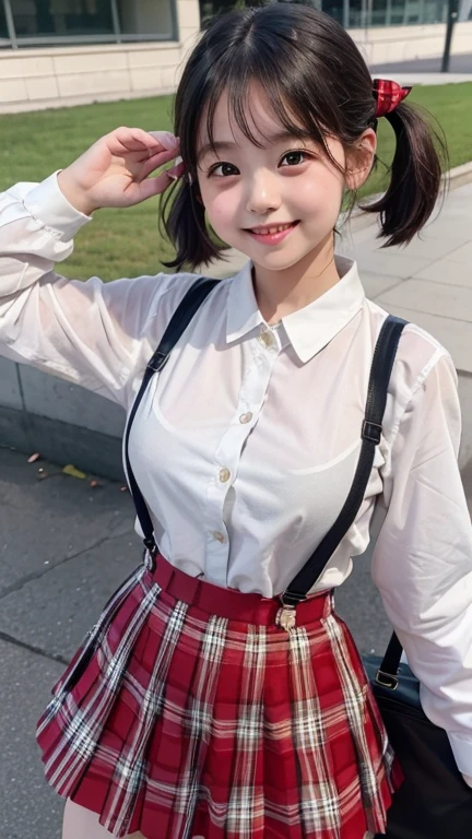 girl.................,, in front of the school、Connect to skirt with suspenders、White shirt with long sleeves、Plaid skirt , nice and cute, Innocent smile, , Lovely smile 、 with short bob、Pose cutely , 8 year old , bts , red knot , red bow , twin tails hair , waistband of skirt is at the point above chest