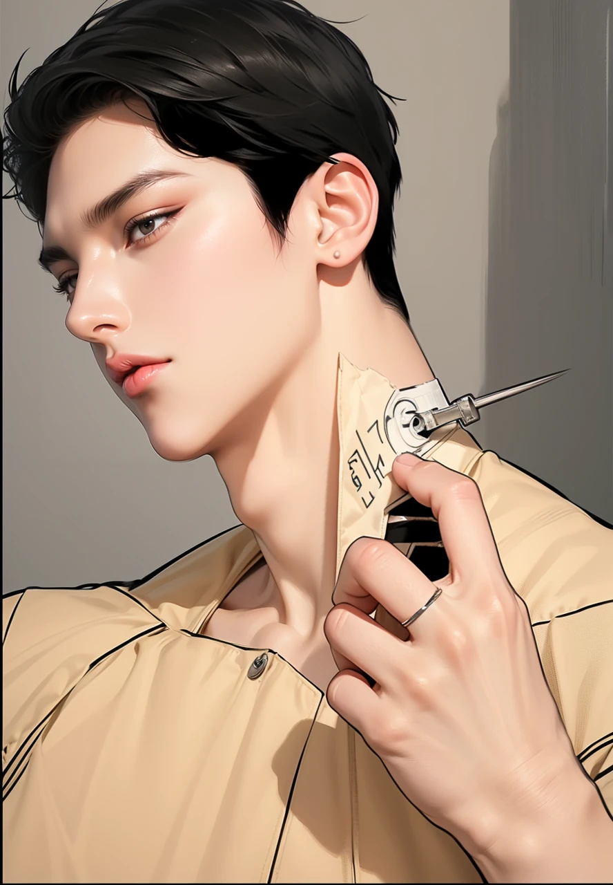 (best quality,4k,8k,highres,masterpiece:1.2),ultra-detailed,realistic,professional,(portraits,concept artists),vivid colors,sharp focus,HDR,studio lighting,(black hair:1.1),(black eyes:1.1), a man, muscualr,strong body,trained, ((wearing half sleeve black jacket)),