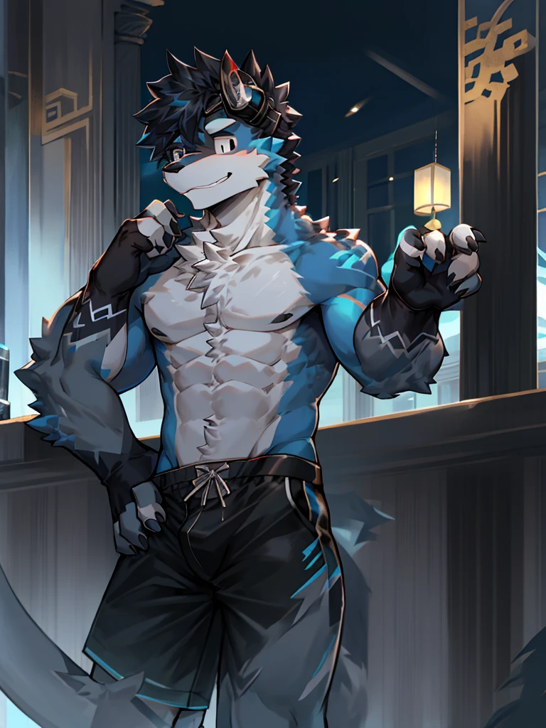 Chinese dragon boy,Gray fur,Topless, mammal, hairy,Black eyes,upscale hotel,Blue and black gradient swimming trunks quality,black fingerless gloves,goggles