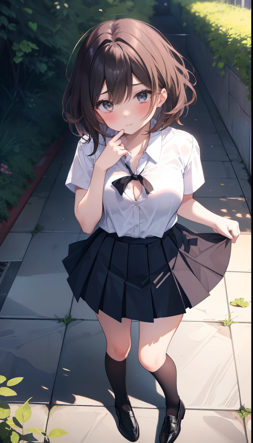 One Girl、positive、From above、Full body portrait、Brown haired、Medium Haircut、blush、Absolute area、Knee socks、stockings、Black knee-high socks、White underwear、Cleavage、Light blue cut shirt、Unbutton your shirt、Shirt buttons fly off、Navy blue checkered pleated skirt、Very short skirt、garden、Daytime、(Very large breasts)、((Lesbians all over))、masterpiece、(highest quality)、Panties around the ankles、loafers、The wind blows up my skirt、Knee socksのバイブレーター