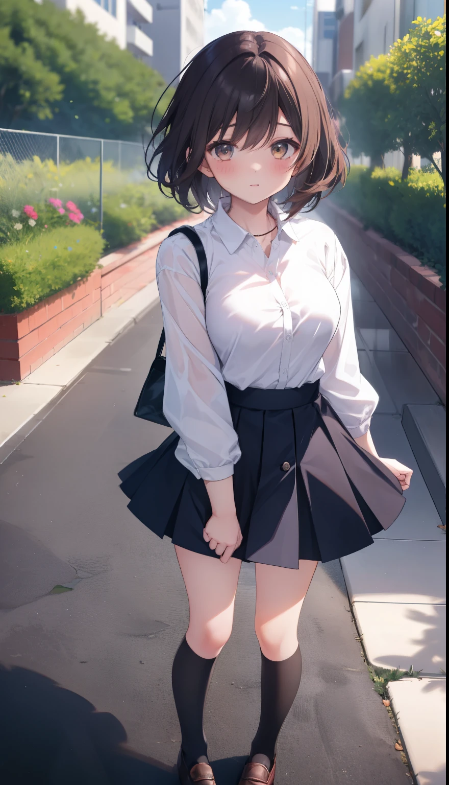 One Girl、positive、From above、Full body portrait、Brown haired、Medium Haircut、blush、Absolute area、Knee socks、stockings、Black knee-high socks、White underwear、Cleavage、Light blue cut shirt、Unbutton your shirt、Shirt buttons fly off、Navy blue checkered pleated skirt、Very short skirt、garden、Daytime、(Very large breasts)、((Lesbians all over))、masterpiece、(highest quality)、Panties around the ankles、loafers、The wind blows up my skirt、Knee socksのバイブレーター