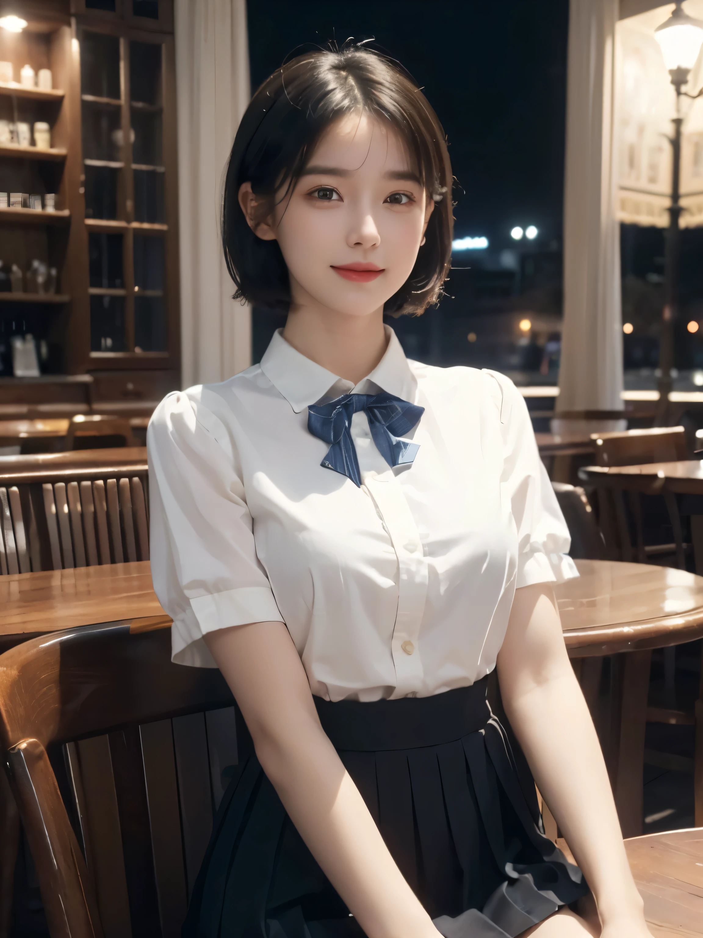 (8K, best quality, masterpiece:1.2), (SFW:1.3), (realistic, photo-realistic:1.37), extremely detailed, 1 girl, cute, alone, beautiful detailed sky, detailed cafe, nighttime, sitting, dating, (blushing nose), (smiling:1.1), (closed mouth), medium breasts, beautiful detailed eyes, (collared shirt:1.1), bow tie, pleated skirt, (short hair:1.2), flowing hair.