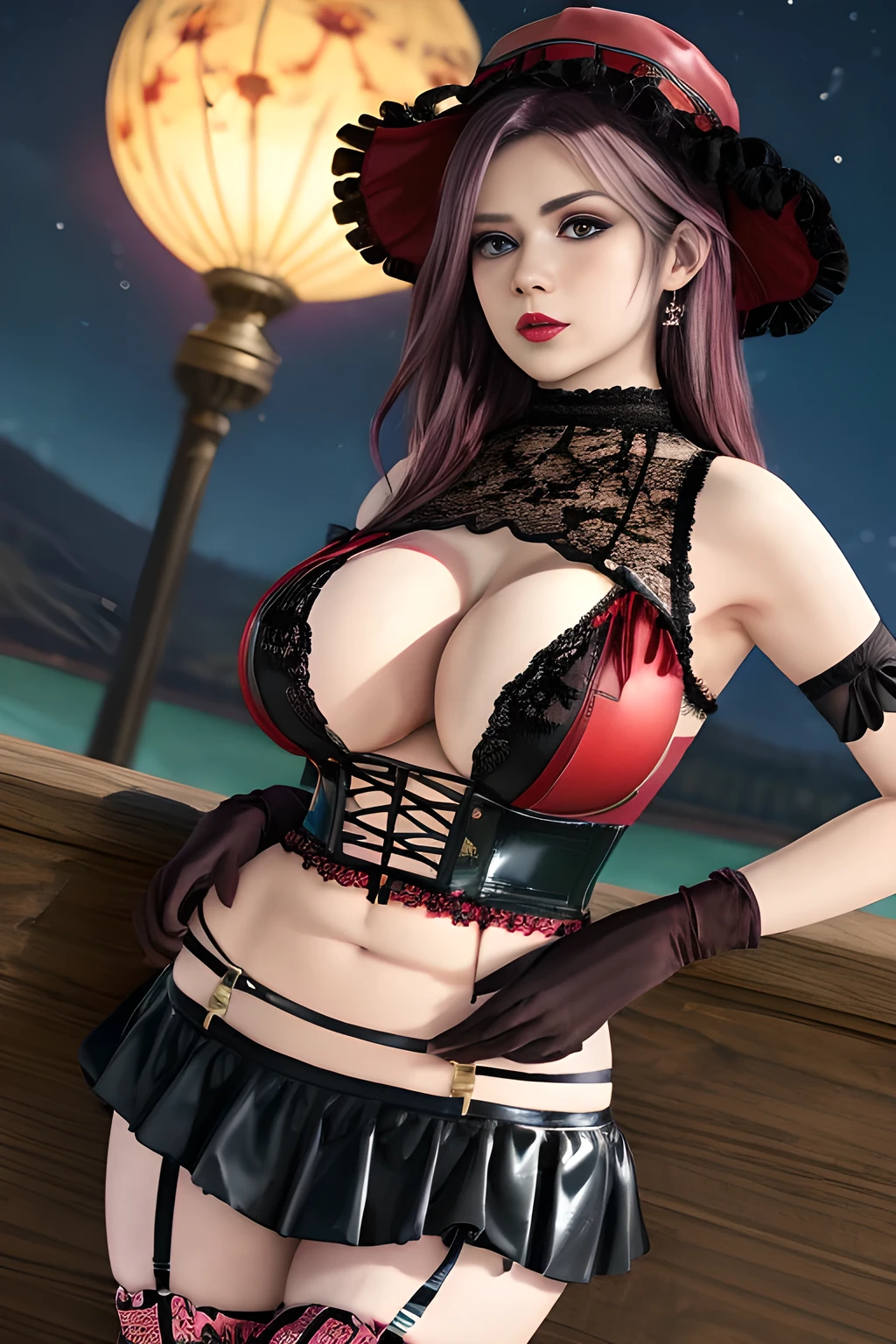 1 girl,BREAK (Royal:1.4), (red and black theme:1.5), ((red) bucket hat with rose corsage:1.4), (fusion of black high neck crop top and latex (red bustier):1.4), ((floral lace, see-through):1.3), ((sleeveless, bare shoulders):1.3), (red tiered skirt with black ruffles:1.4), ((ultra long gloves) with floral lace:1.3), (wrap a (cat garter) around thighs:1.4), outdoor,elegant,nighttime,moonlighe,shiny skin,( huge breasts), lip gloss,tattoos, masterpiece, best quality, realistic ,Surrealism,natural colors art in 8k,soft shadows,High-definition RAW color photos professional portrait photos,solo, elise,