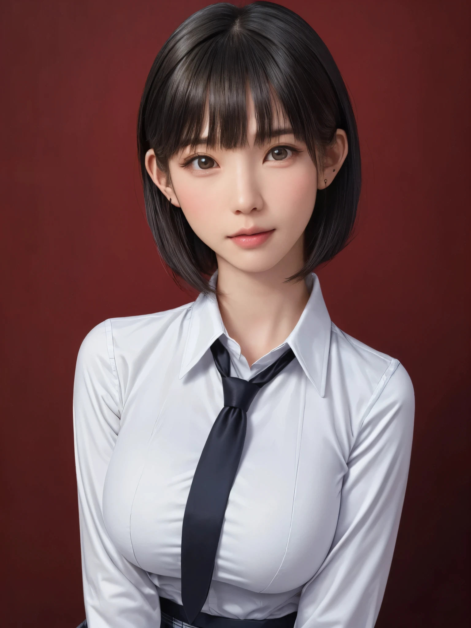 (masterpiece:1.3), (Realistic, RAW Photos, highest quality: 1.4), (One Girl), Beautiful Face, (超Realistic Face、シンメトリーのBeautiful Face), (Short black hair, short hair:1.6、bangs:1.3、Show off your beautiful ears), Beautiful hairstyle, (Realistic eyes), Beautiful details, Long eyelashes, (Realistic Skin), Beautiful Skin, [Big Breasts:1.3], {gigantic|big|huge|mega} breasts, (Perfect body:1.3), (Detailed body:1.2), (tie), (Collared shirt, Pleated skirt:1.3), Absurd, charm, Ultra-high resolution, Ultra-realistic, Very detailed, Golden Ratio,Very cute beautiful woman、28 years old