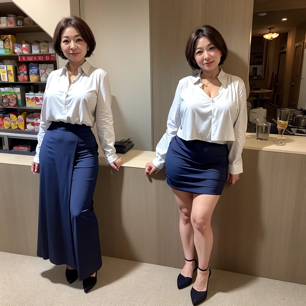 ((highest quality)), ((masterpiece)), (be familiar with), Perfect Face, Mature Woman, 50 years old, Japanese, Big Breasts, Large areola, Erect nipples, Round Small face, Big Nose, Slit eyes, Cat-like eyes, , Big Ass, Full body image, White jacket, Dark blue silk shirt, Dark navy blue skirt, Open your shirt to show your cleavage, Snack bar mom, bra, Very Short Hair, Inside the snack bar,