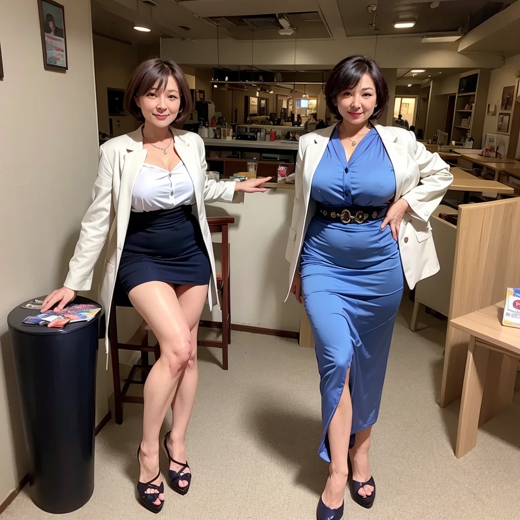 ((highest quality)), ((masterpiece)), (be familiar with), Perfect Face, Mature Woman, 50 years old, Japanese, Big Breasts, Large areola, Erect nipples, Round Small face, Big Nose, Slit eyes, Cat-like eyes, , Big Ass, Full body image, White jacket, Dark blue silk shirt, Dark navy blue skirt, Open your shirt to show your cleavage, Snack bar mom, bra, Very Short Hair, Inside the snack bar,